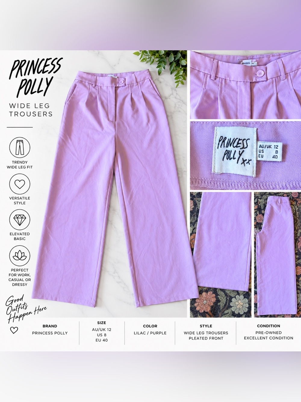 Princess Polly Lilac Wide Leg Trousers